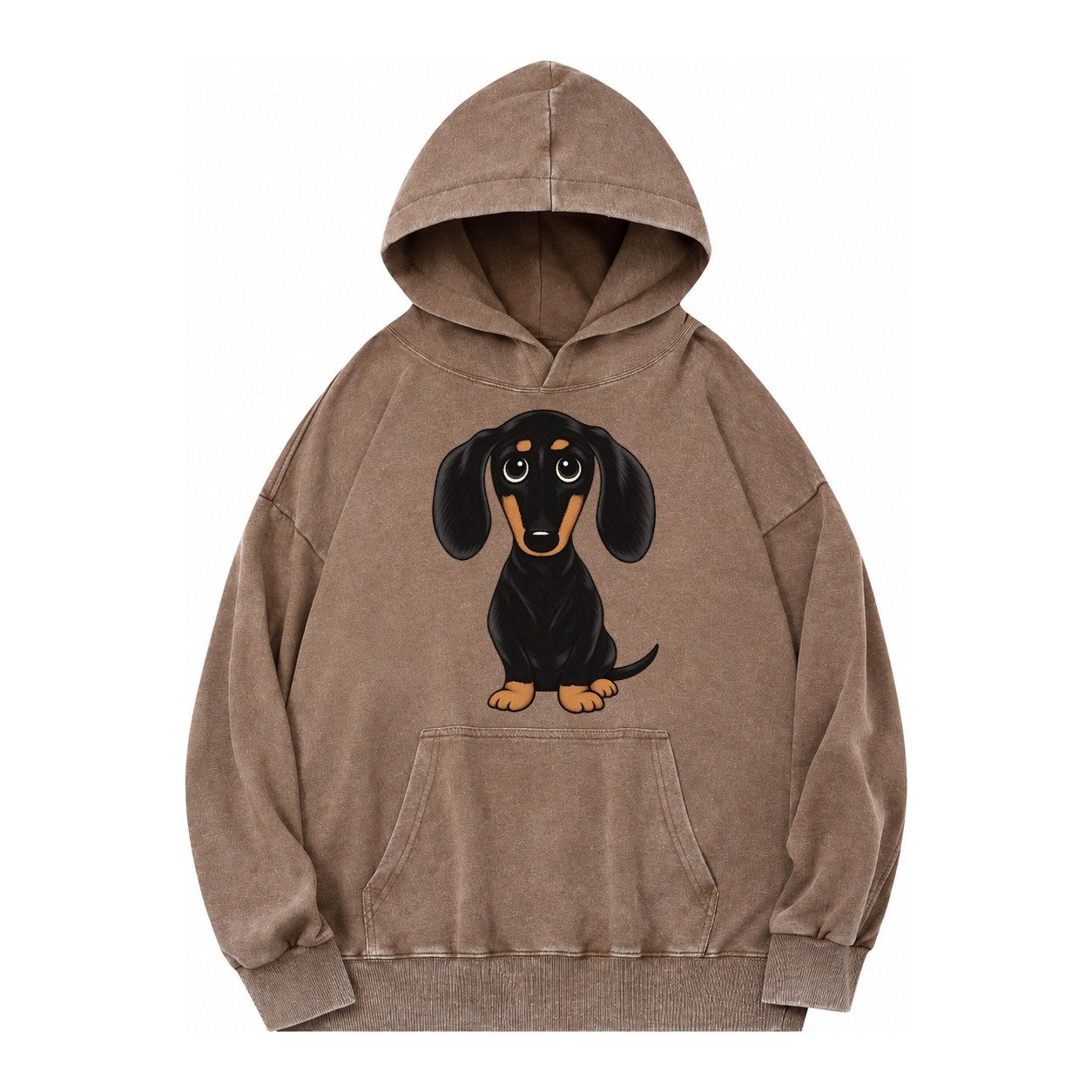 Vintage Style Dachshund Print Vintage Washed Hoodie – Brown