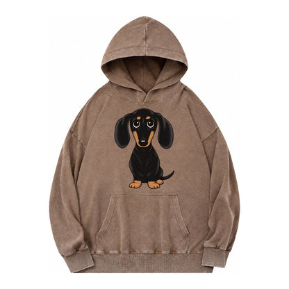 Vintage Style Dachshund Print Vintage Washed Hoodie – Brown