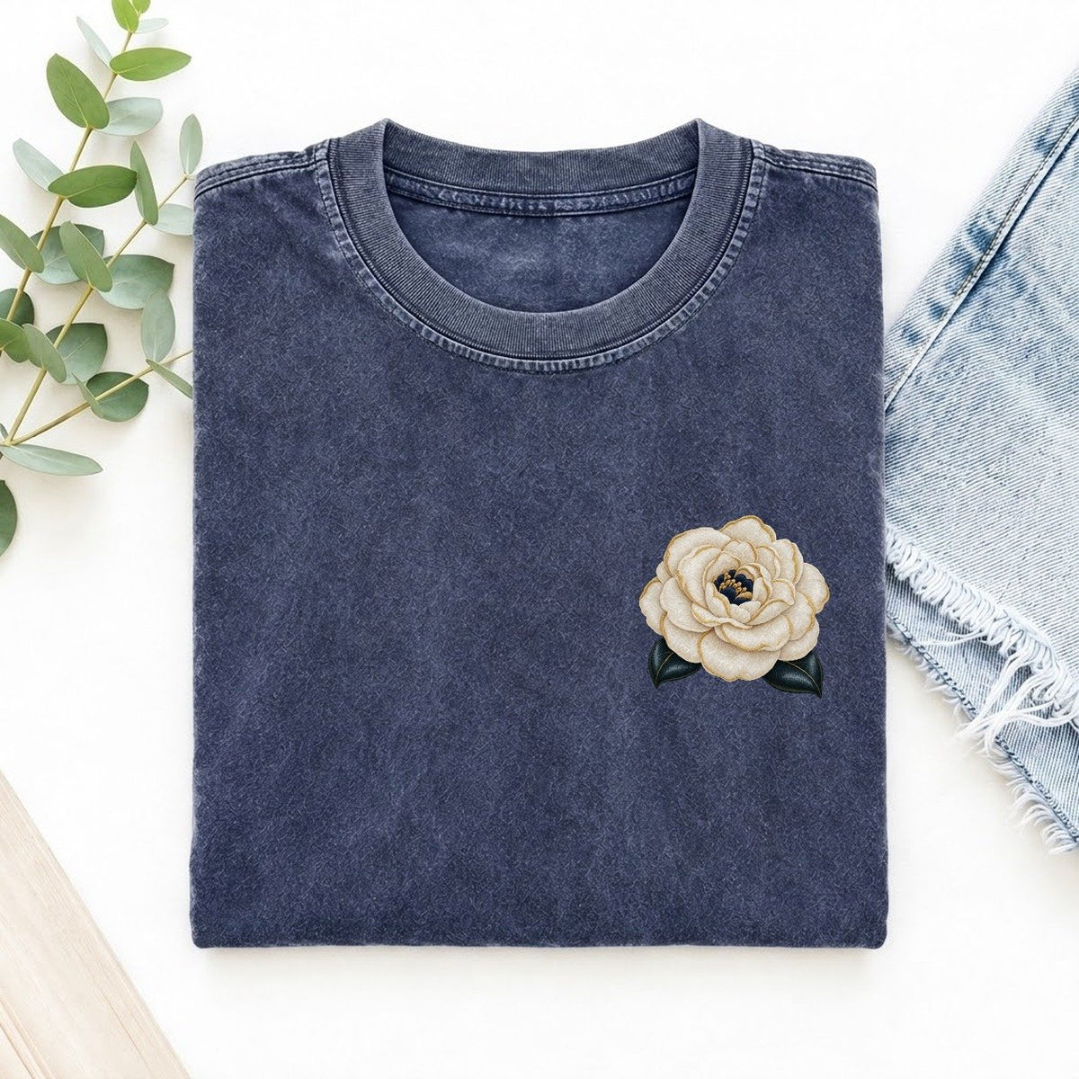 Camellia Double Bloom Left Chest Vintage T-shirt – Blue