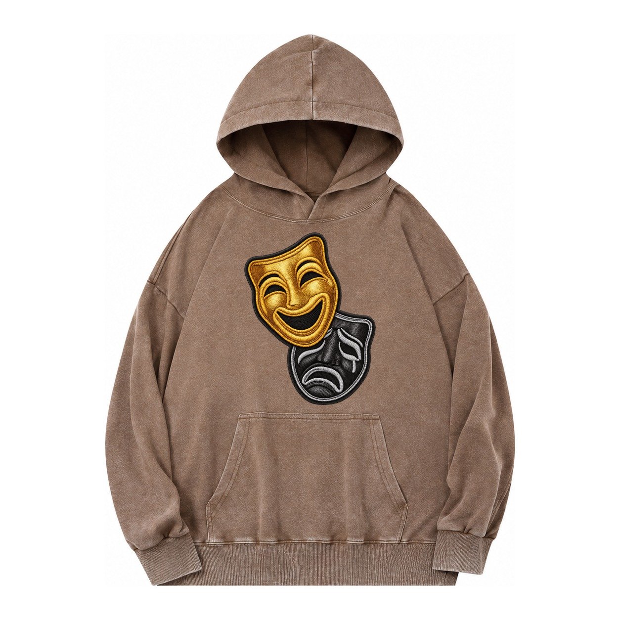Broadway Masks Comedy Tragedy Masks In Gold And Black Theate Vintage Washed Hoodie – Brown
