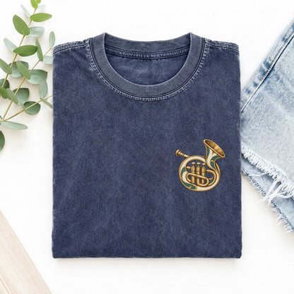 Trumpet Bell Tuck Keepsake Emblem Left Chest Vintage T-shirt – Blue