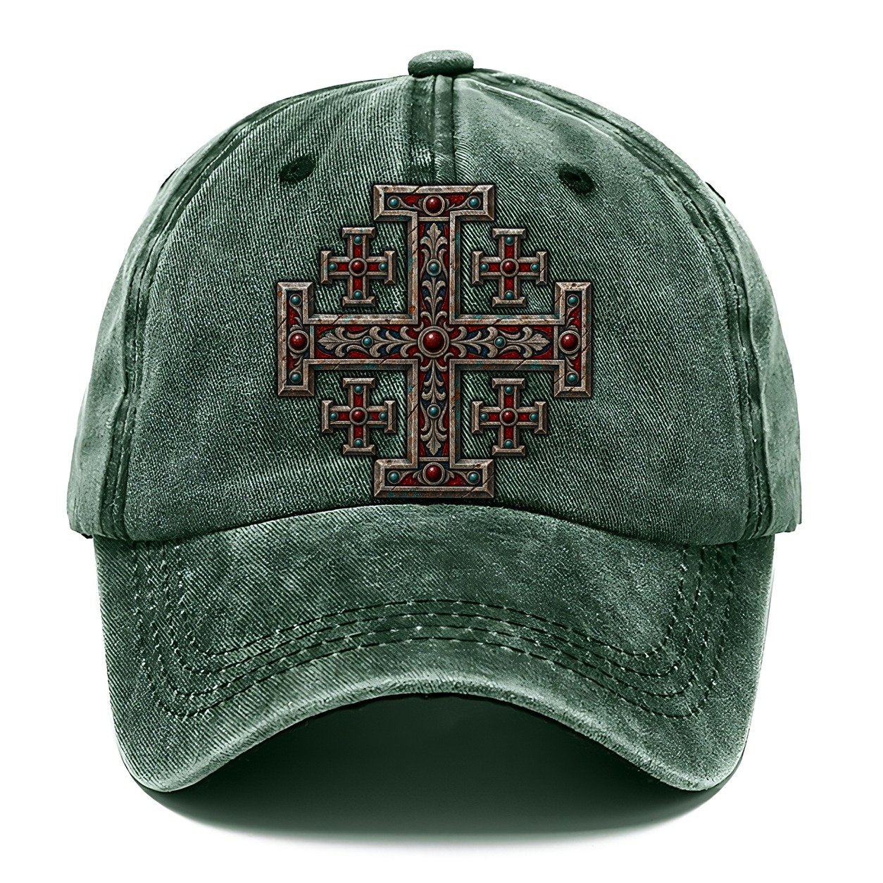 Engraved Silver Reliquary Panel Jerusalem Cross Classic Cap – Forest Mist