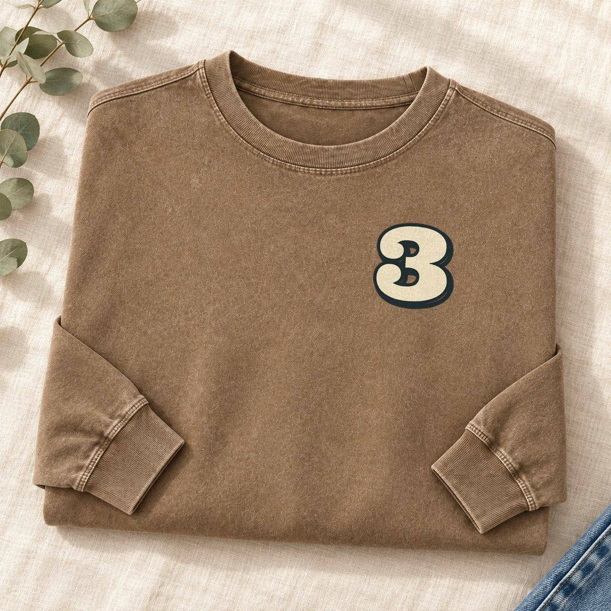 Number 3 Left Chest Washed Long Sleeve T-Shirt – Coffee
