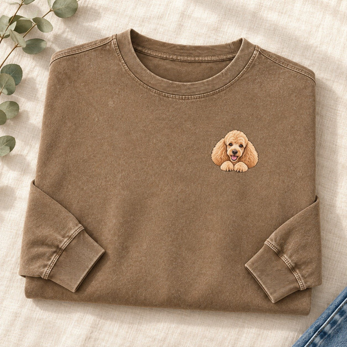 Apricot Poodle Left Chest Washed Long Sleeve T-Shirt – Coffee