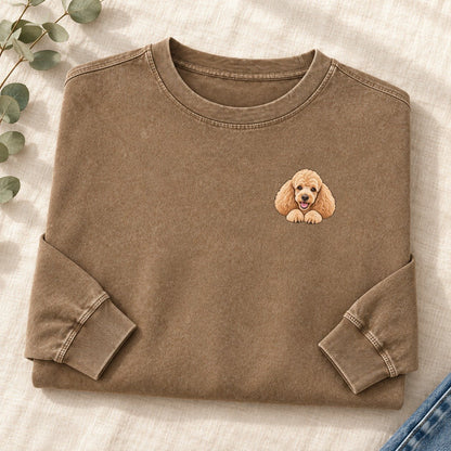 Apricot Poodle Left Chest Washed Long Sleeve T-Shirt – Coffee