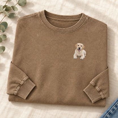 Labrador Lying Down Left Chest Washed Long Sleeve T-Shirt – Coffee