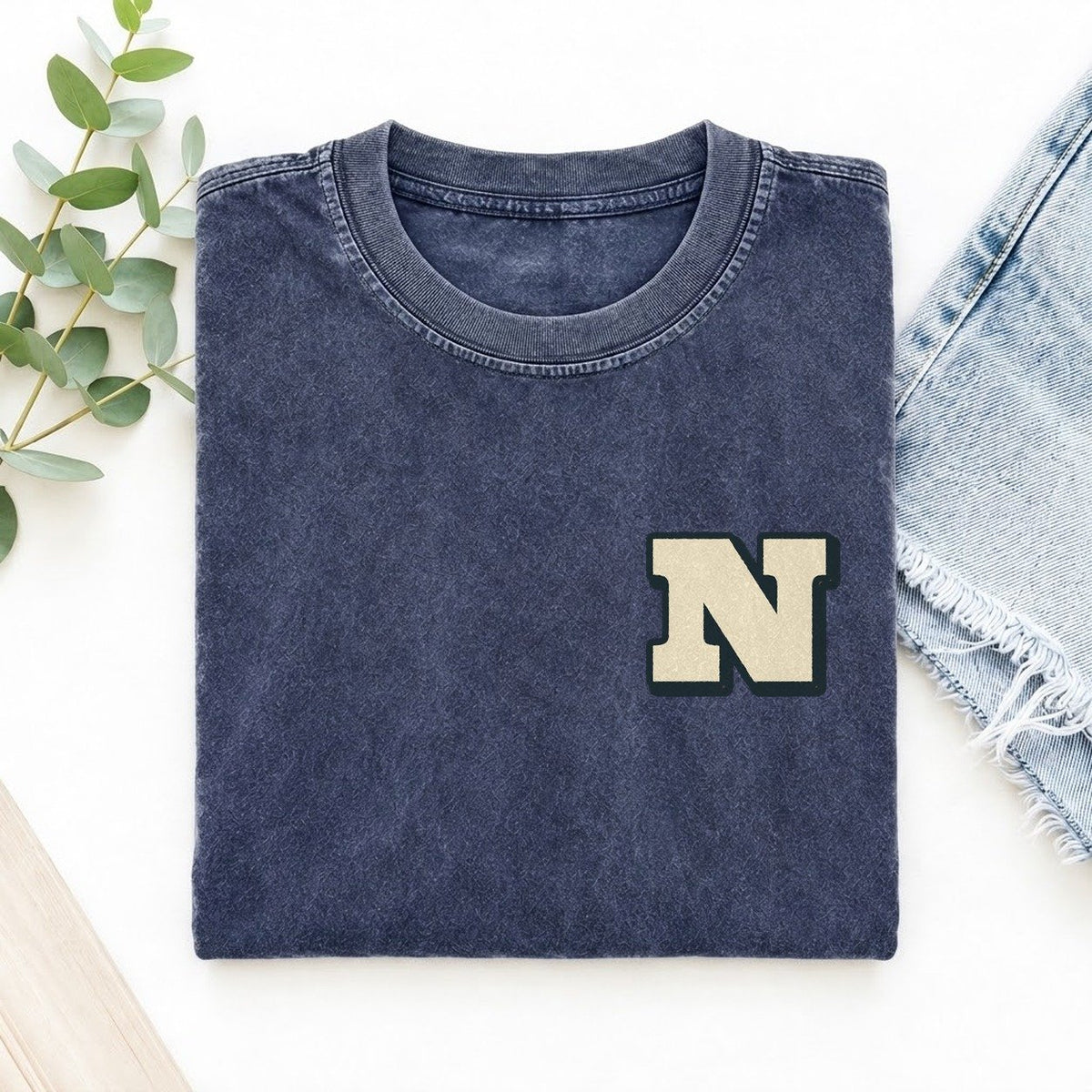Initial N Left Chest Vintage T-shirt – Blue