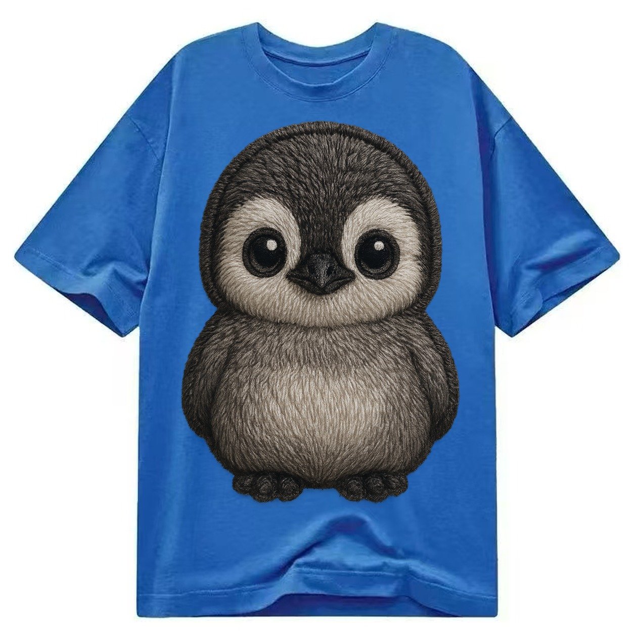 Baby Penguin Chick Gray Fluffy White Face Round Body Front F Classic T-shirt – Blue