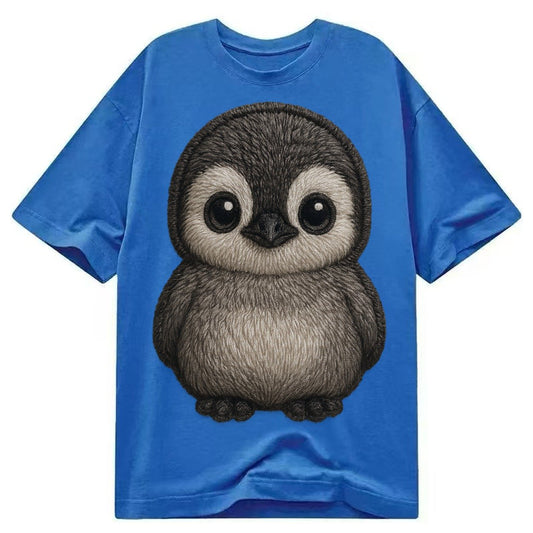 Baby Penguin Chick Gray Fluffy White Face Round Body Front F Classic T-shirt – Blue