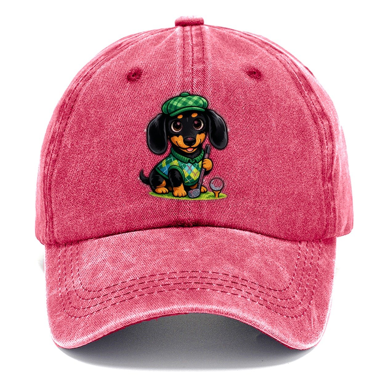 Dachshund Golfer Argyle Classic Cap – Pomegranate Blush