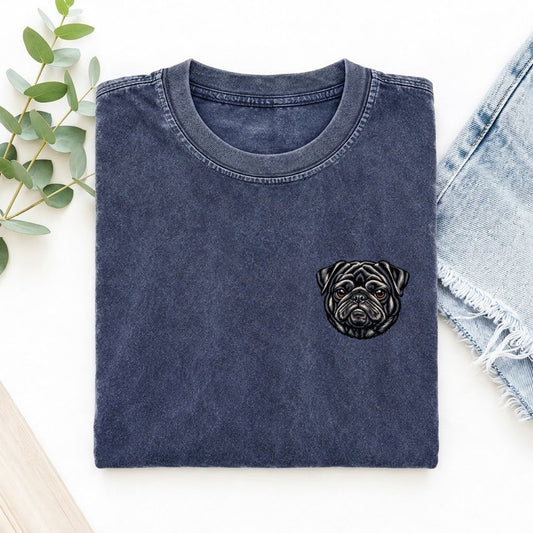 Black Pug Left Chest Vintage T-shirt – Blue