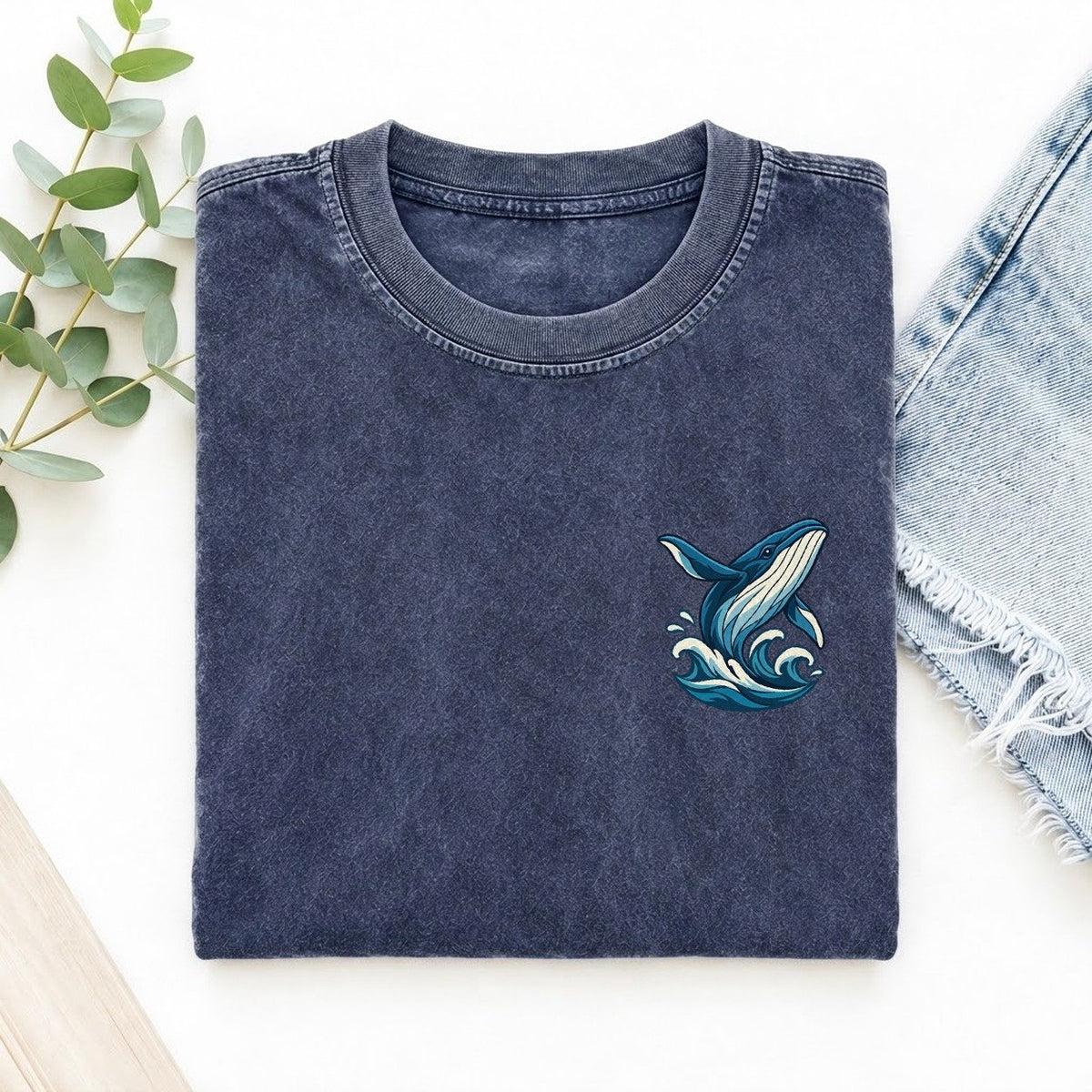Whale And Waves Left Chest Vintage T-shirt – Blue