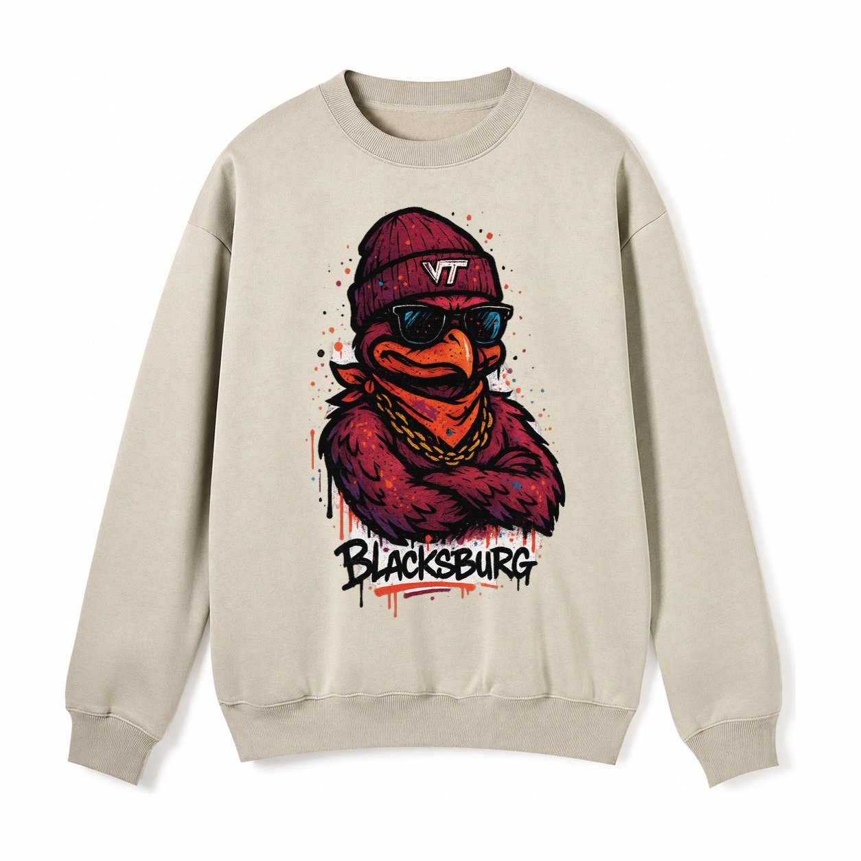 Blacksburg Hokiebird Wearing Virginia Tech Beanie With Vt Pa Fleece Sweatshirt – Light Khaki
