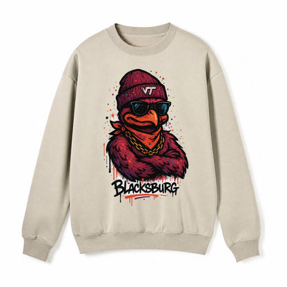 Blacksburg Hokiebird Wearing Virginia Tech Beanie With Vt Pa Fleece Sweatshirt – Light Khaki