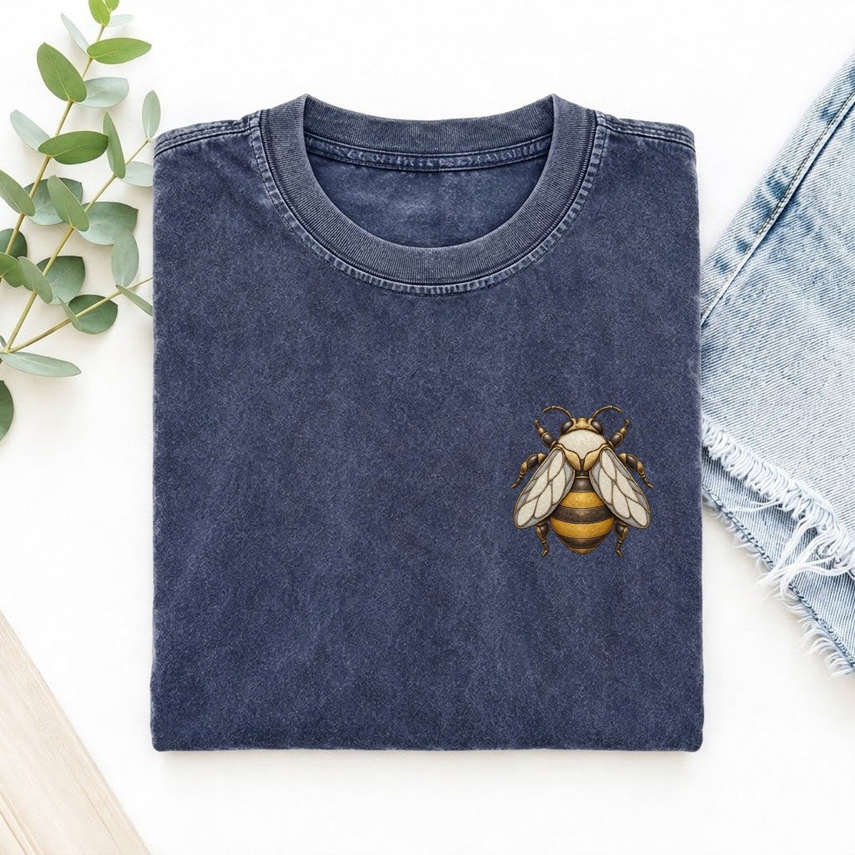 Bumblebee Folded Wings Keepsake Emblem Left Chest Vintage T-shirt – Blue