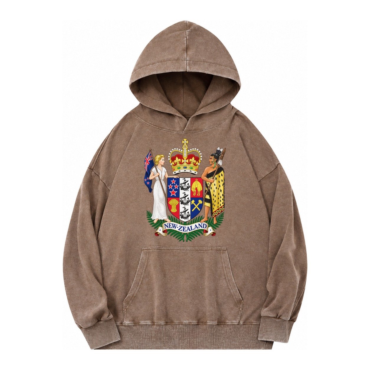 Coat Of Arms Of New Zealand Vintage Washed Hoodie – Brown