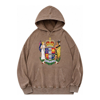 Coat Of Arms Of New Zealand Vintage Washed Hoodie – Brown