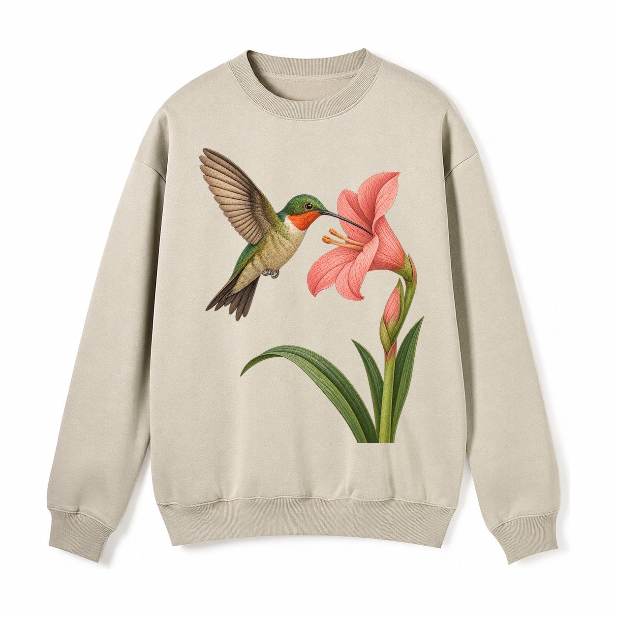 Hummingbird Haven Fleece Sweatshirt – Light Khaki