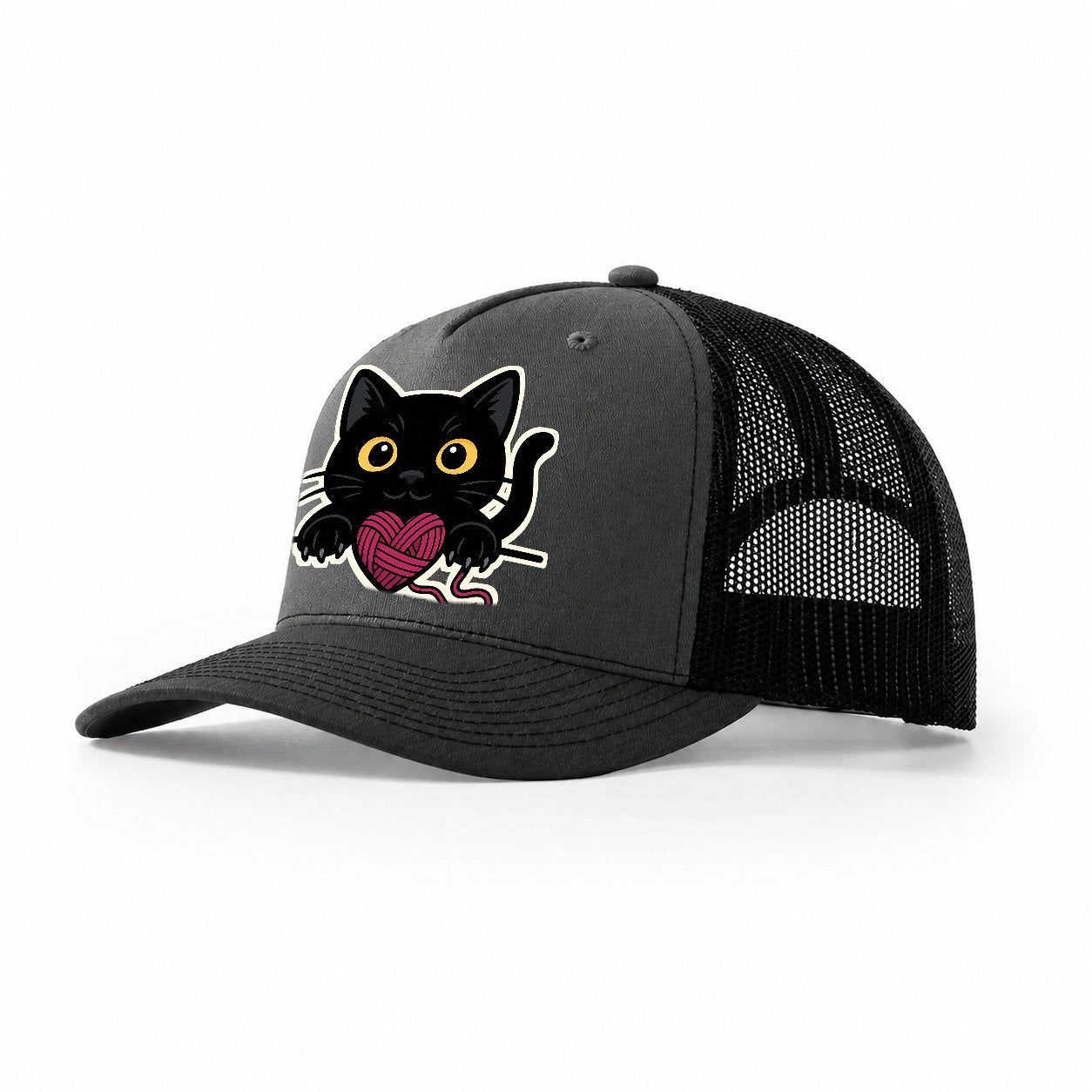 Black Cat Yarn Playful 968d17 Trucker Hat – Dark Grey-Black