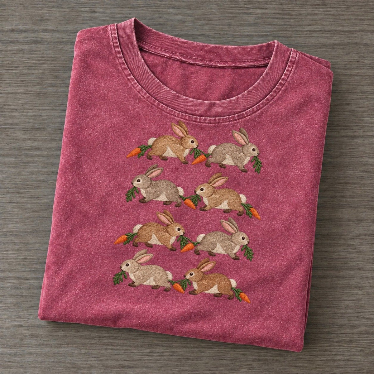 Rabbits With Carrots Single File Vintage T-shirt – Raspberry