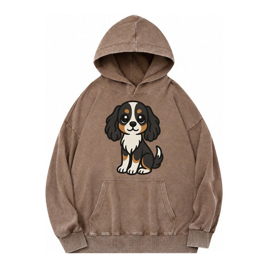 Cavalier King Charles Spaniel Tricolor Sitting Pose Portrait Vintage Washed Hoodie – Brown