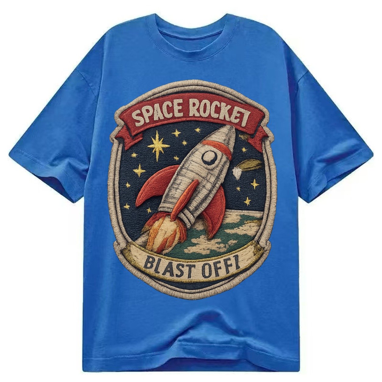 Embroidered Patch Design Retro Rocket 1950s Space Rocket In Classic T-shirt – Blue