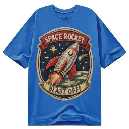 Embroidered Patch Design Retro Rocket 1950s Space Rocket In Classic T-shirt – Blue