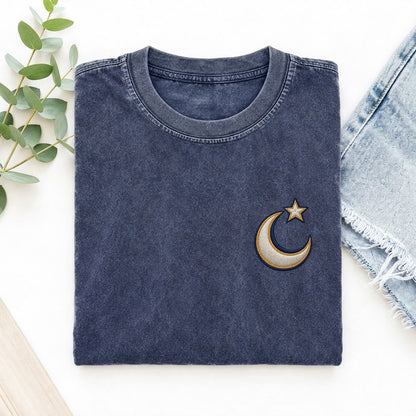 Crescent Star Symbol Emblems Left Chest Vintage T-shirt – Blue