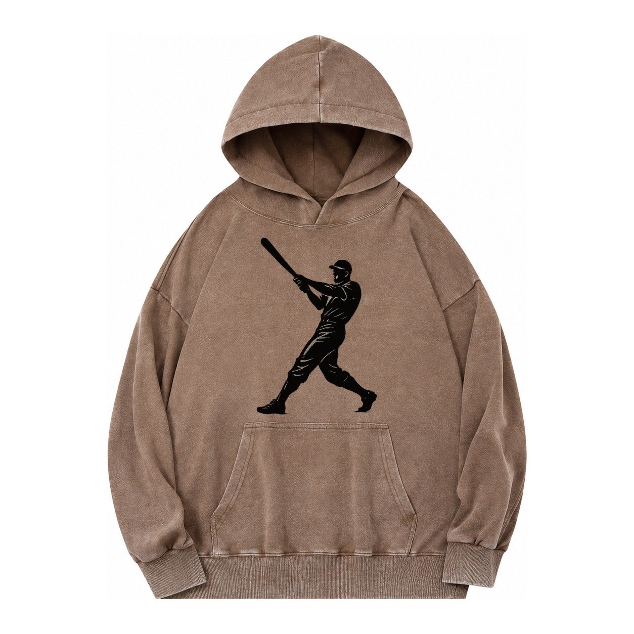 Baseball Batter In Full Swing Vintage Washed Hoodie – Brown