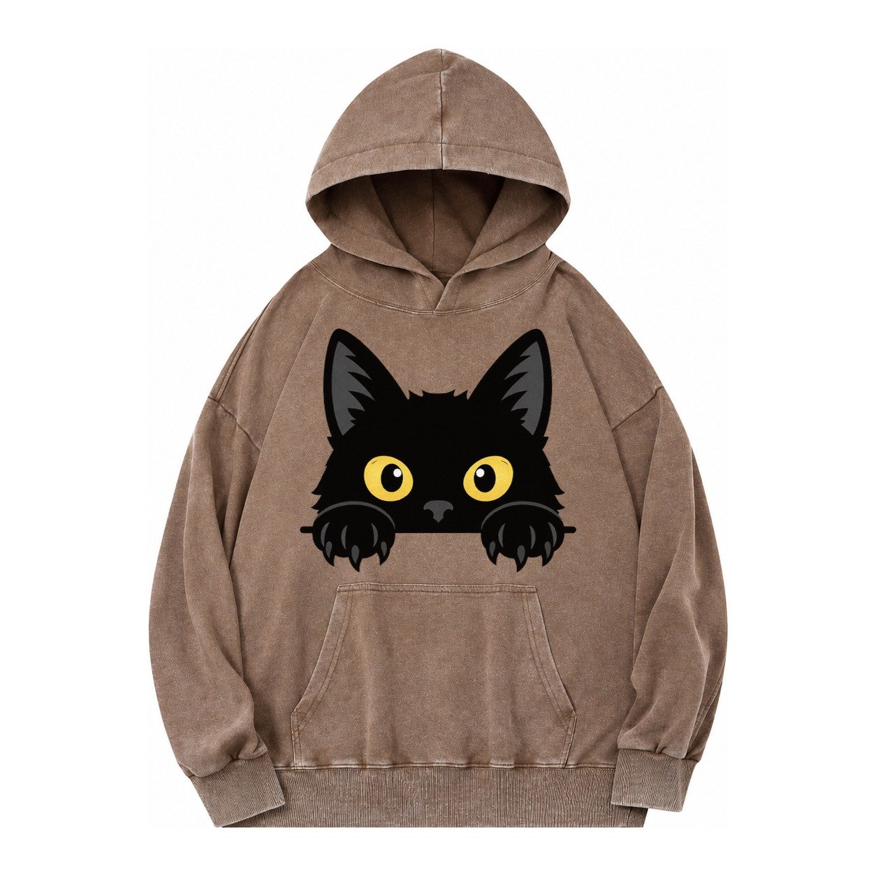 Black Cat Vintage Washed Hoodie – Brown