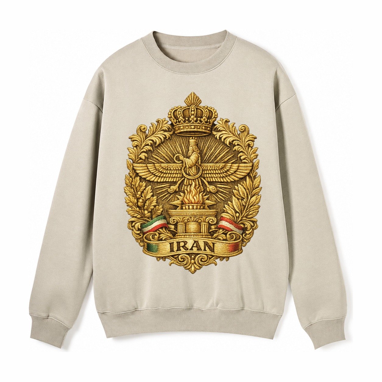Iran Fire Temple Emblem Fleece Sweatshirt – Light Khaki