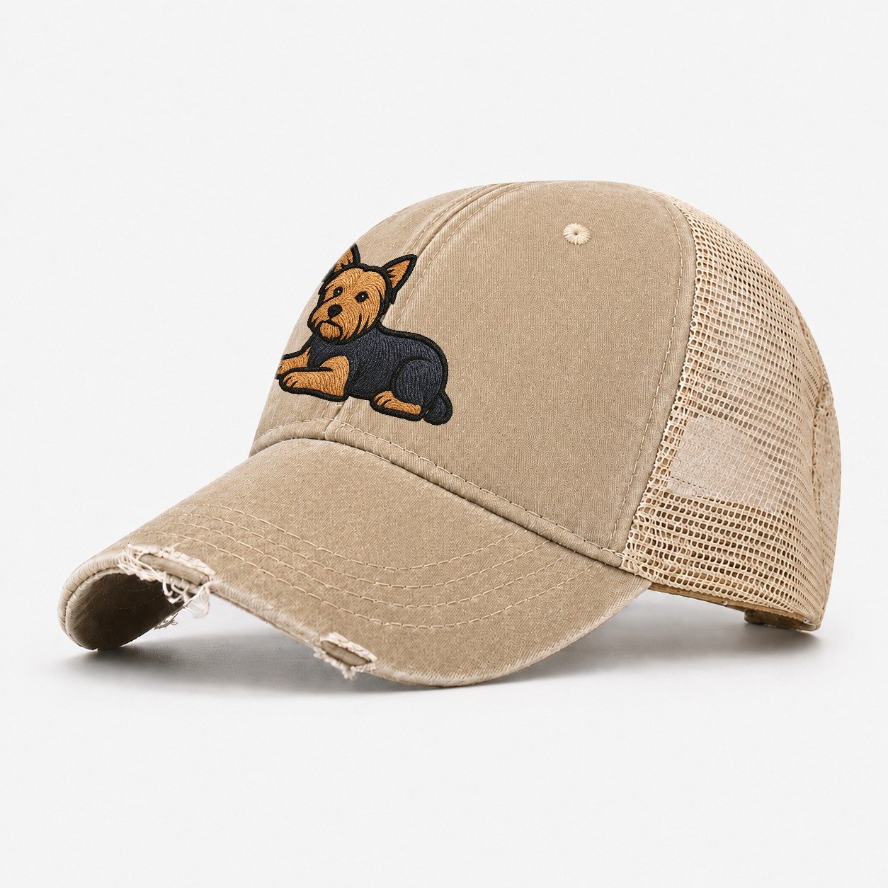 Yorkshire Terrier Blue And Tan Relaxed Lying Down With Head Washed Trucker Hat – Khaki