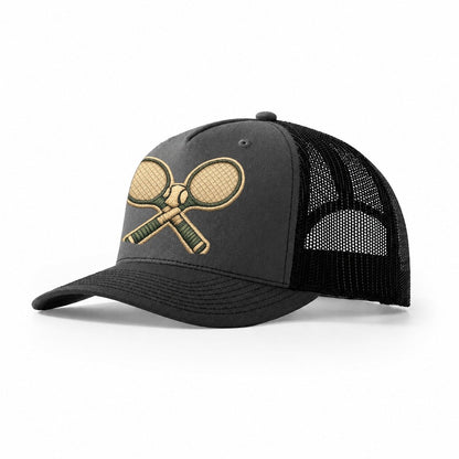 Embroidered Patch Design Tennis Racket Crossed Tennis Racket Trucker Hat – Dark Grey-Black