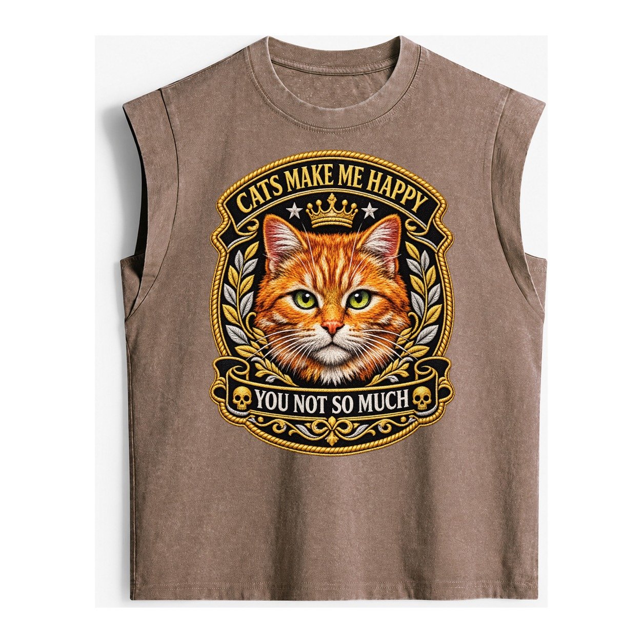 Cats Make Me Happy You Not So Much Cat Face In Orange Cat Pr Vintage Washed Tank – Brown