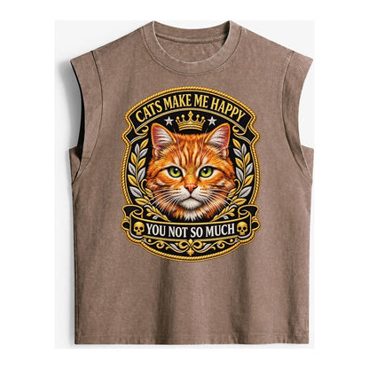 Cats Make Me Happy You Not So Much Cat Face In Orange Cat Pr Vintage Washed Tank – Brown