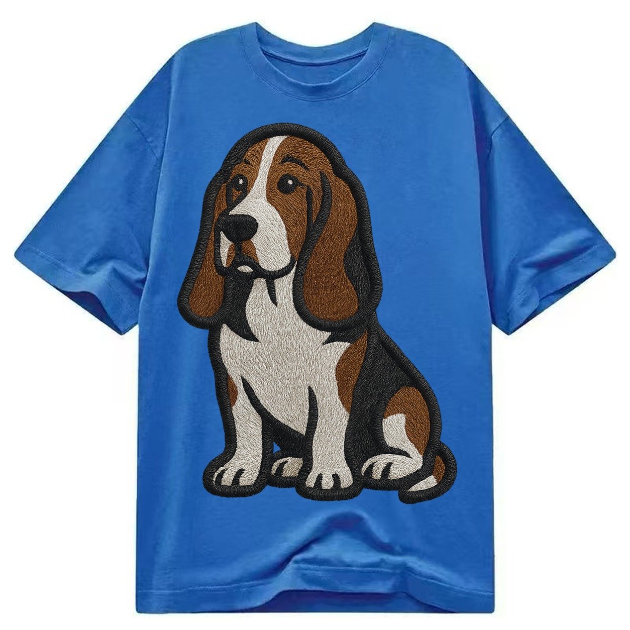 Basset Hound Tri Color Embroidered Sitting Pose Classic T-shirt – Blue