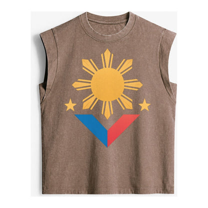Philippines Flag Sun And Vintage Washed Tank – Brown