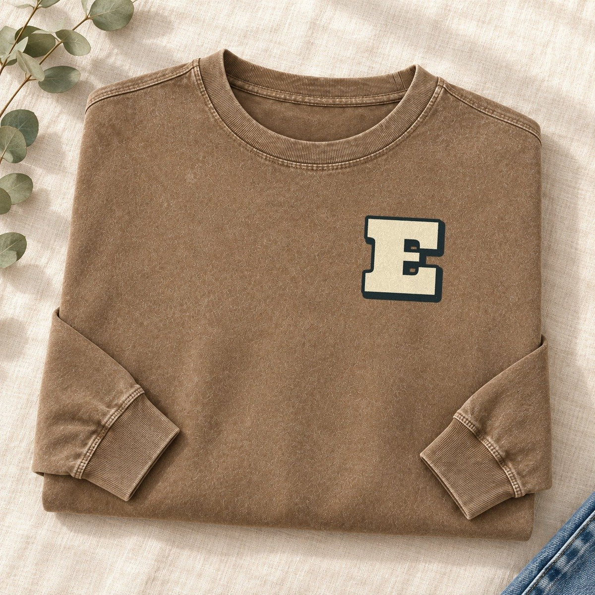 Initial E Left Chest Washed Long Sleeve T-Shirt – Coffee