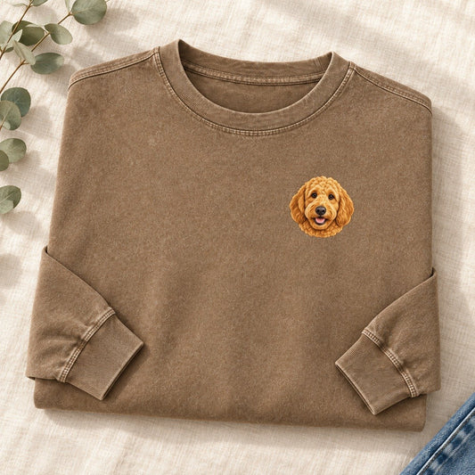 Goldendoodle Left Chest Washed Long Sleeve T-Shirt – Coffee