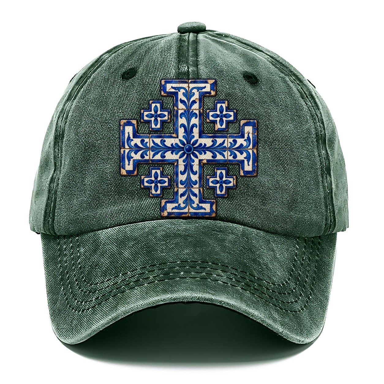 Blue And White Glazed Tile Jerusalem Cross Classic Cap – Forest Mist