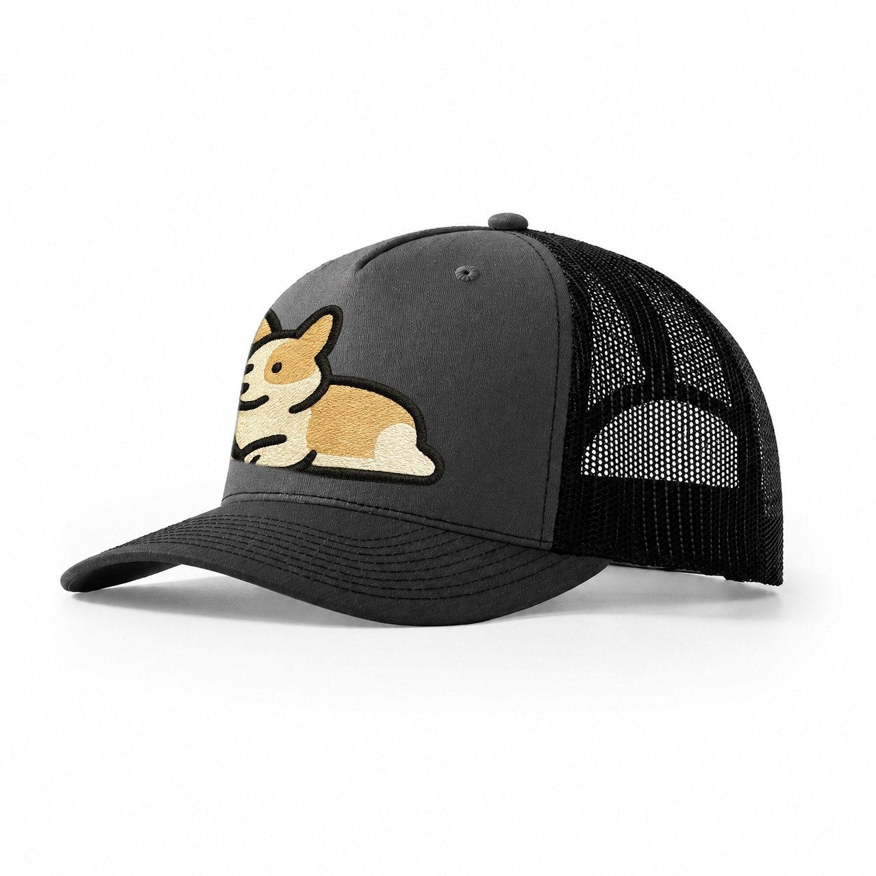 Corgi Sploot Lying Position Trucker Hat – Dark Grey-Black