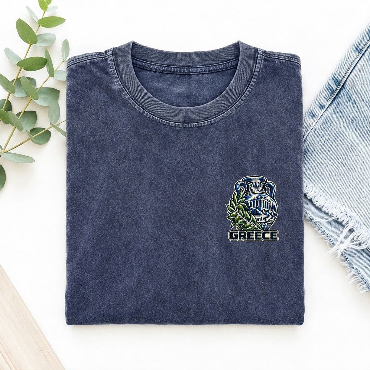 Greece Country Pride Left Chest Vintage T-shirt – Blue