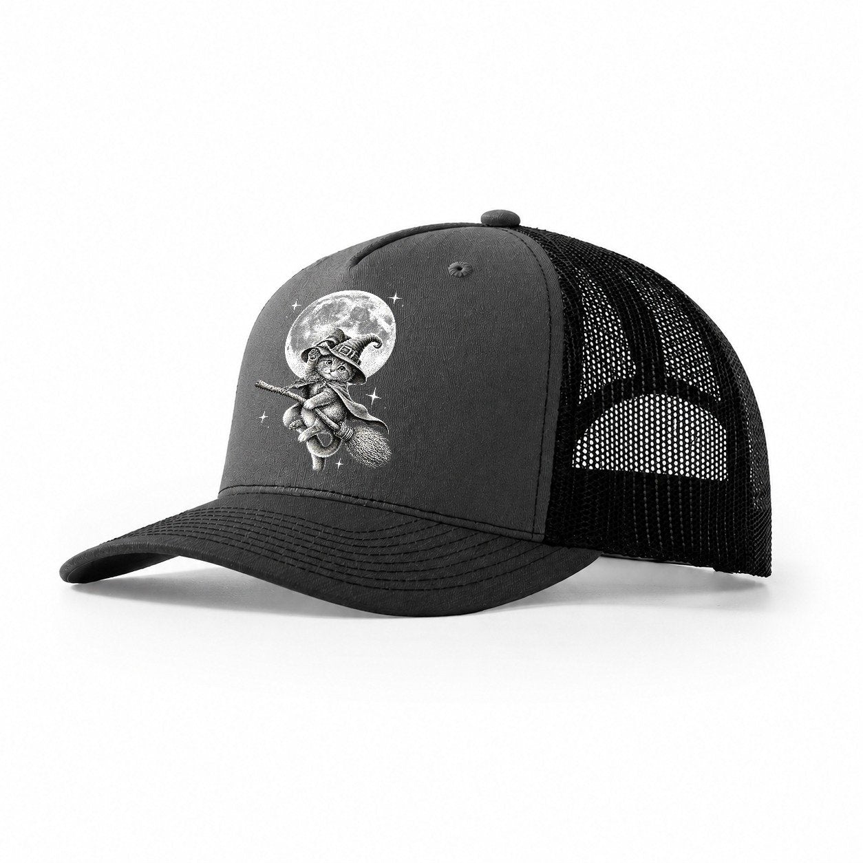 Witch On Broom Trucker Hat – Dark Grey-Black