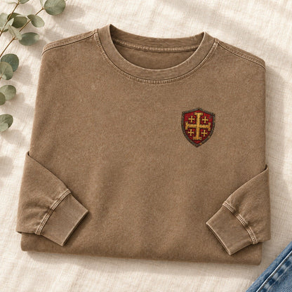 Crusader Shield Left Chest Washed Long Sleeve T-Shirt – Coffee