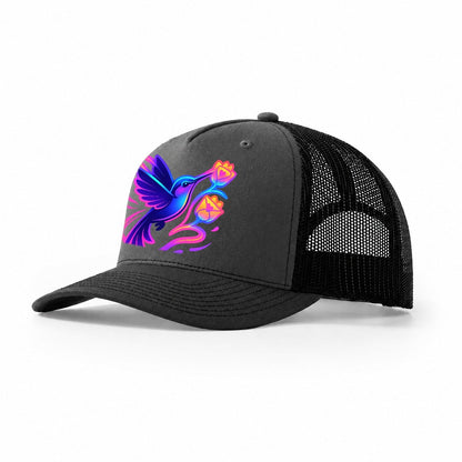 Hummingbird Delivering Miniature Love Letters Tucked Inside Trucker Hat – Dark Grey-Black