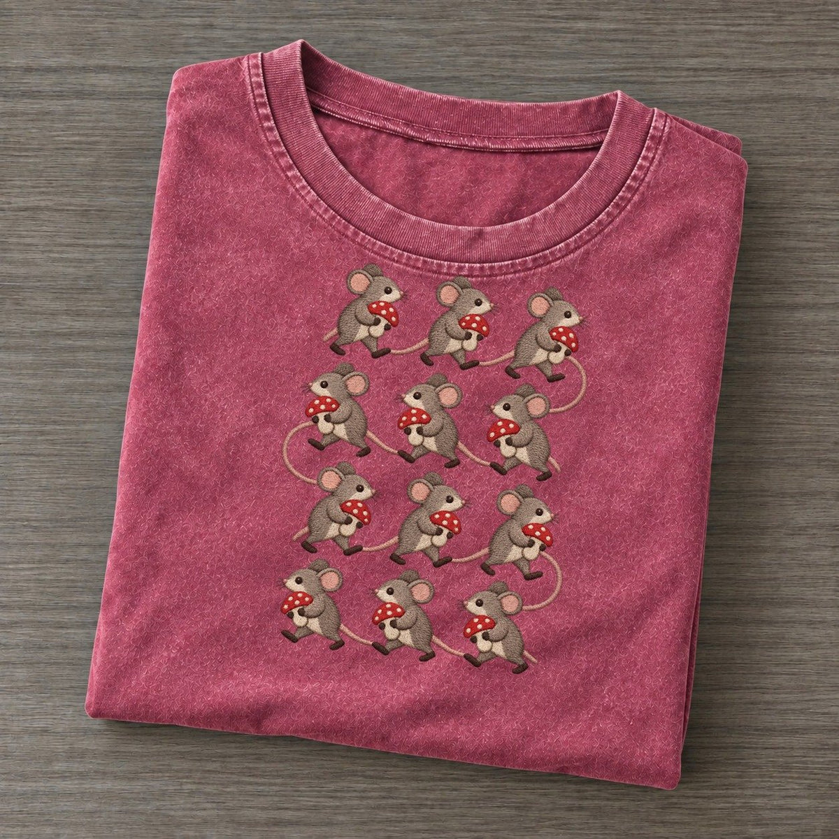 Mice With Mushrooms Single File Vintage T-shirt – Raspberry