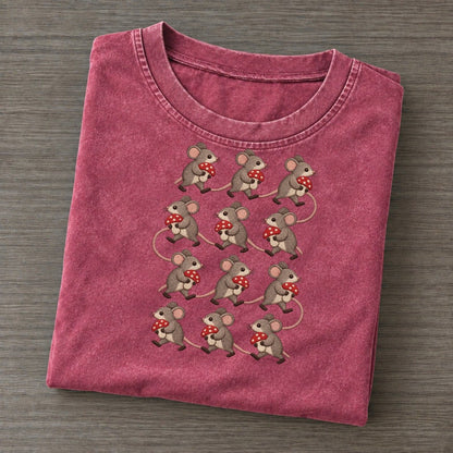 Mice With Mushrooms Single File Vintage T-shirt – Raspberry