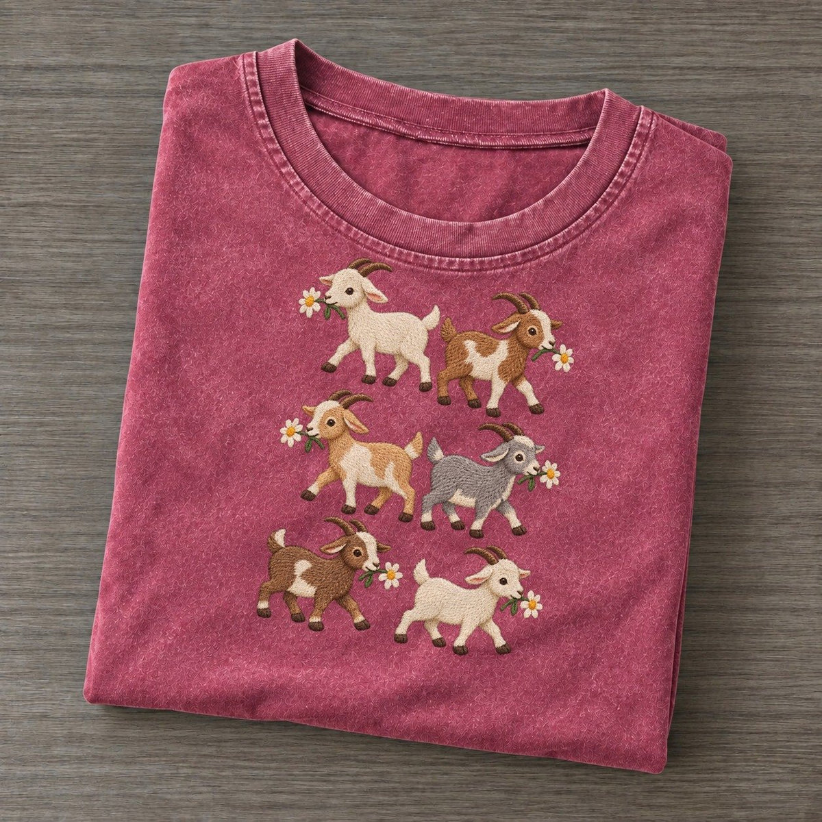 Goats With Daisies Single File Vintage T-shirt – Raspberry