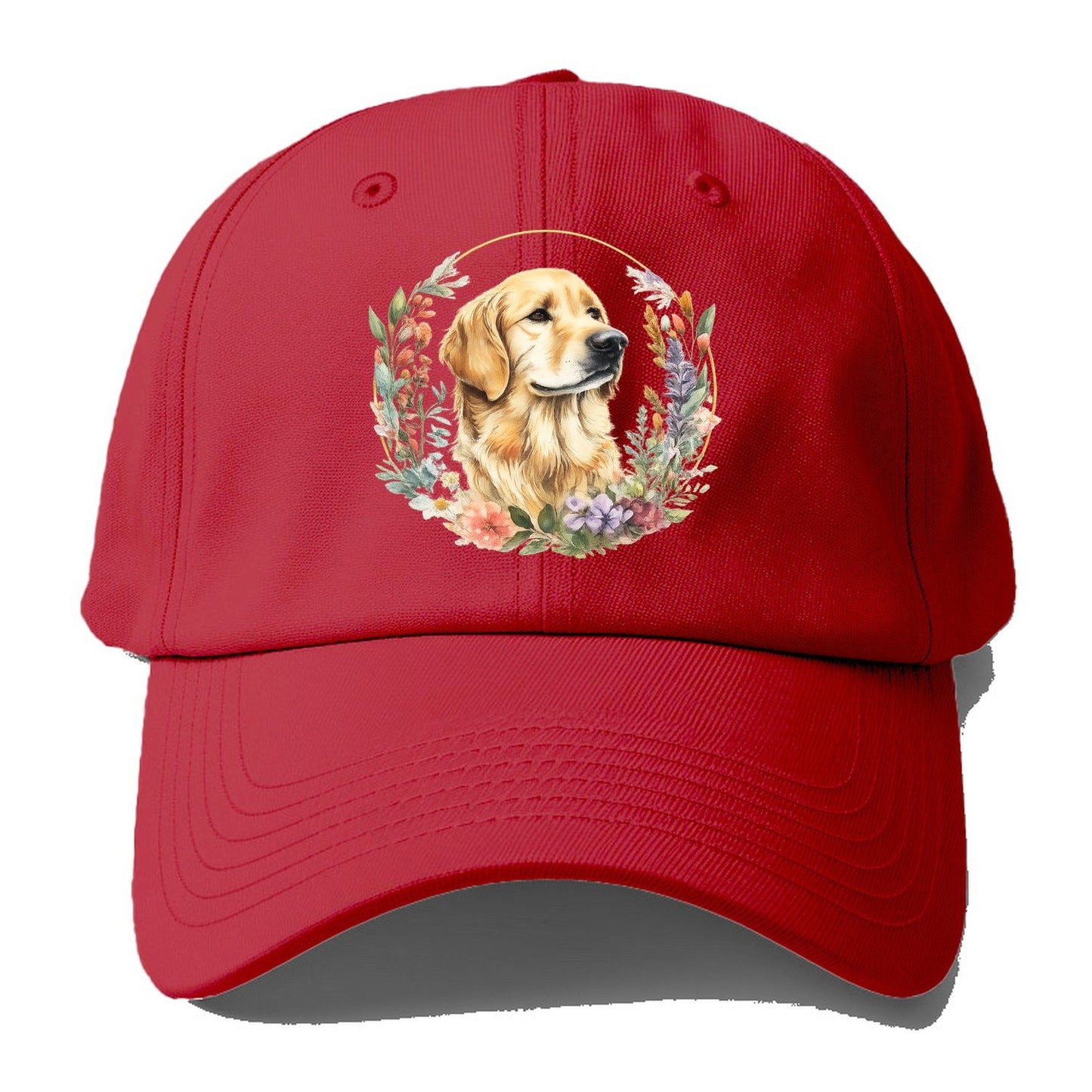 Golden Retriever Floral Portrait Baseball Cap – Red
