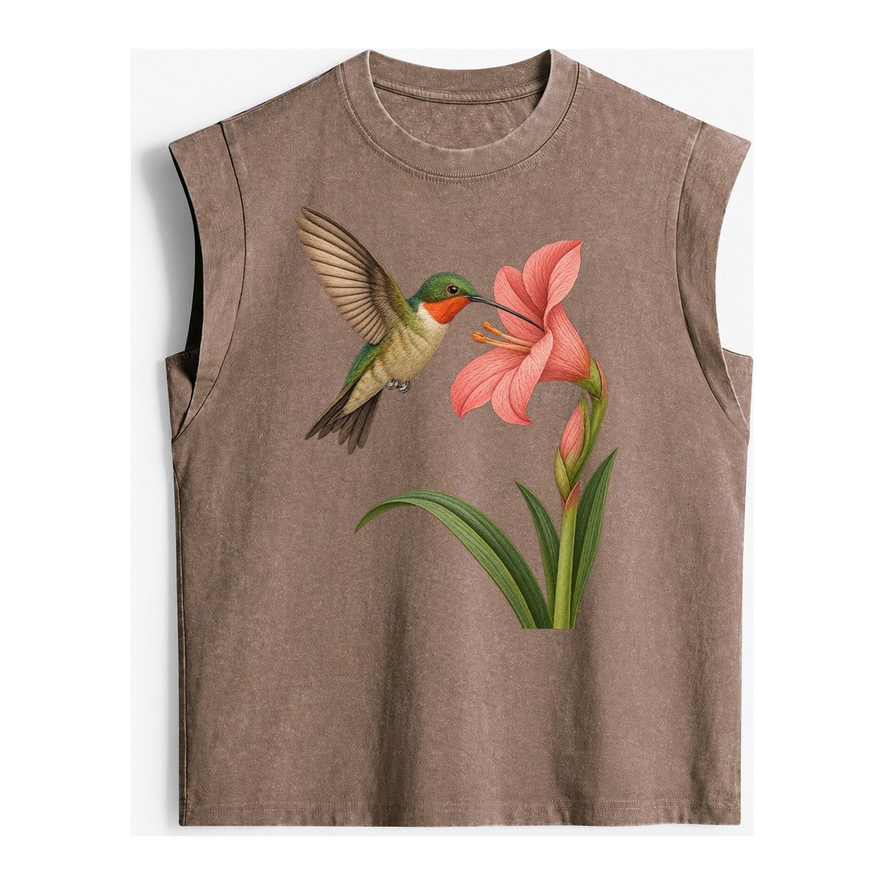 Hummingbird Haven Vintage Washed Tank – Brown